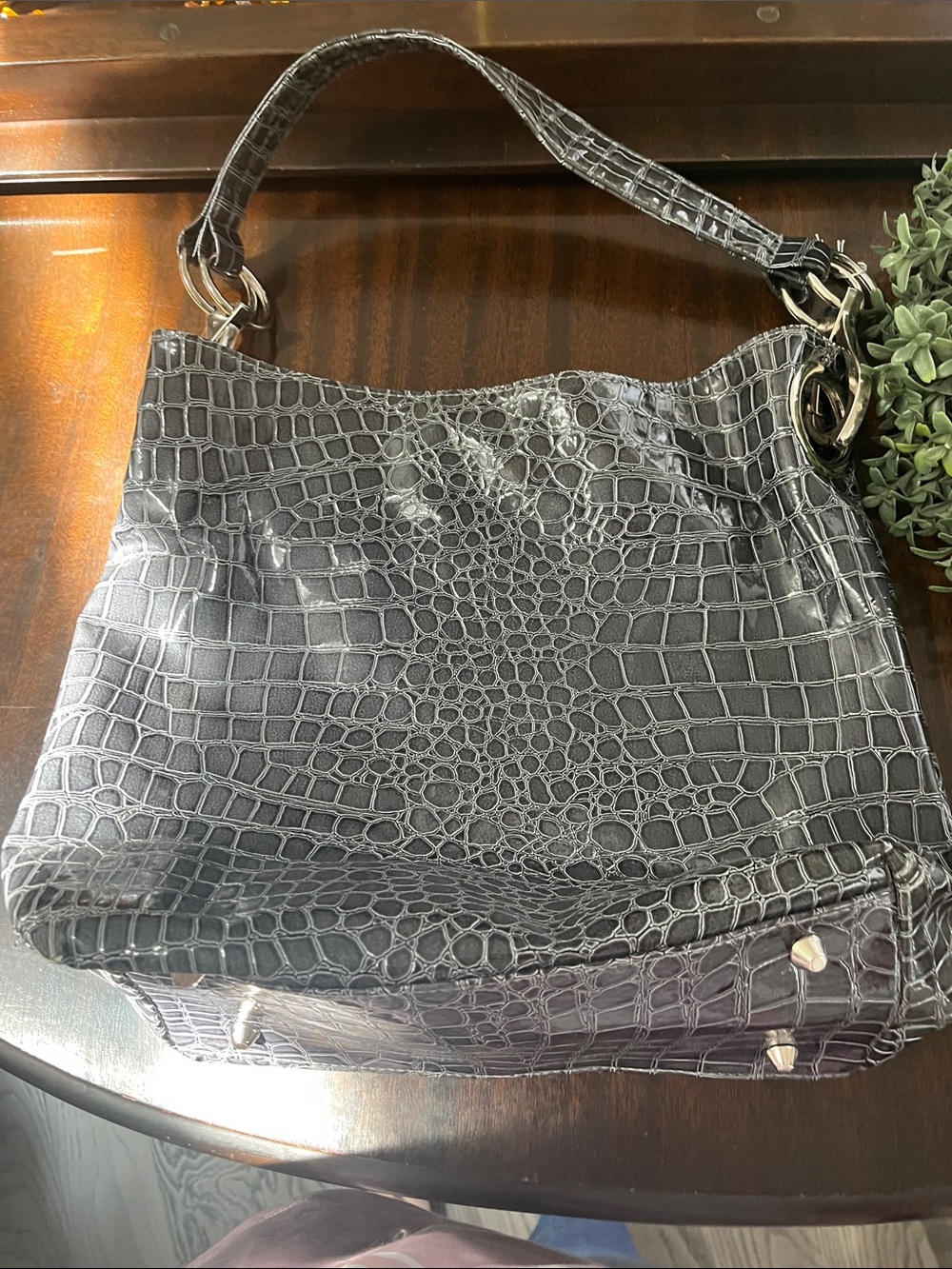 Braciano Grey Croc-Embossed Hobo Shoulder Bag